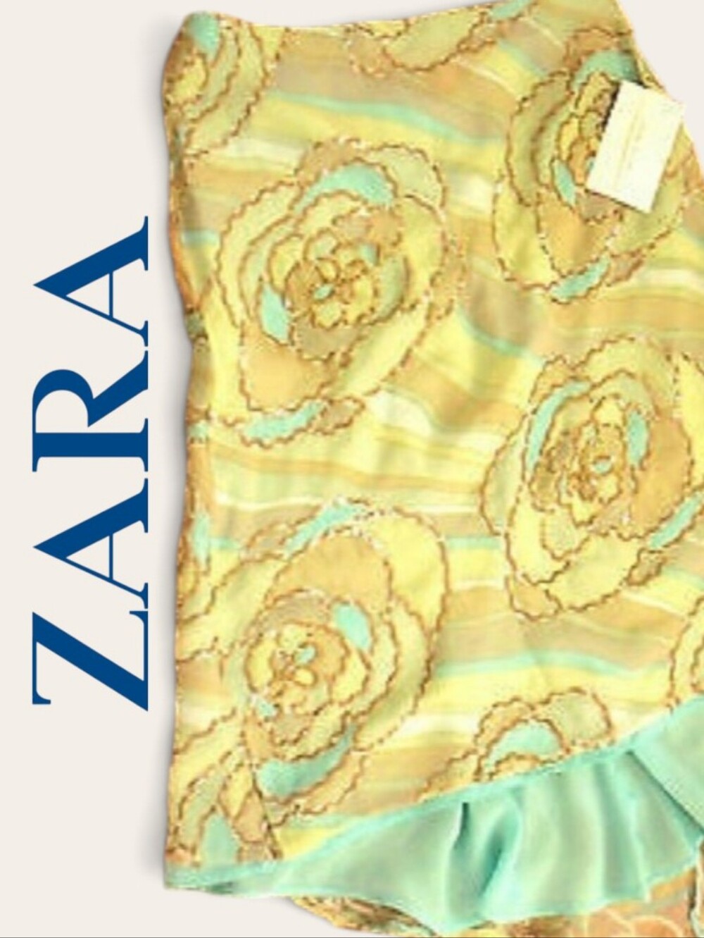 ZARA SILK SKIRT SEQUINED EMBELLISHED LO HIGH HEM AQUA GREEN S WOMENS 6 NWT